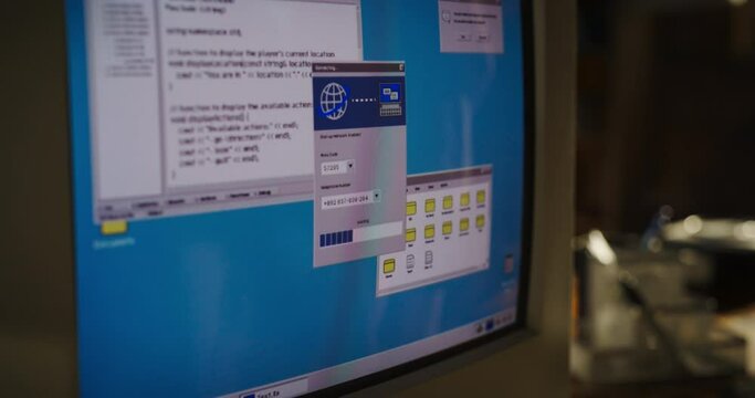 Close Up Shot Of Old Desktop Computer On Work Desk Of College Student In Nineties Retro Garage. Dated PC Is Connecting To Early Internet Through Web Browser. Exploring World Wide Web, Global Network.