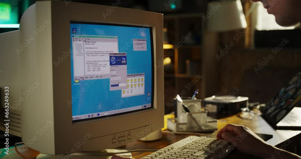 Poster Zoom In Shot Of Caucasian Male College Student Using Old Desktop Computer In Nineties Retro Garage. Young Programmer Connecting World Wide Web Via Early Internet Software, Exploring Global Network.