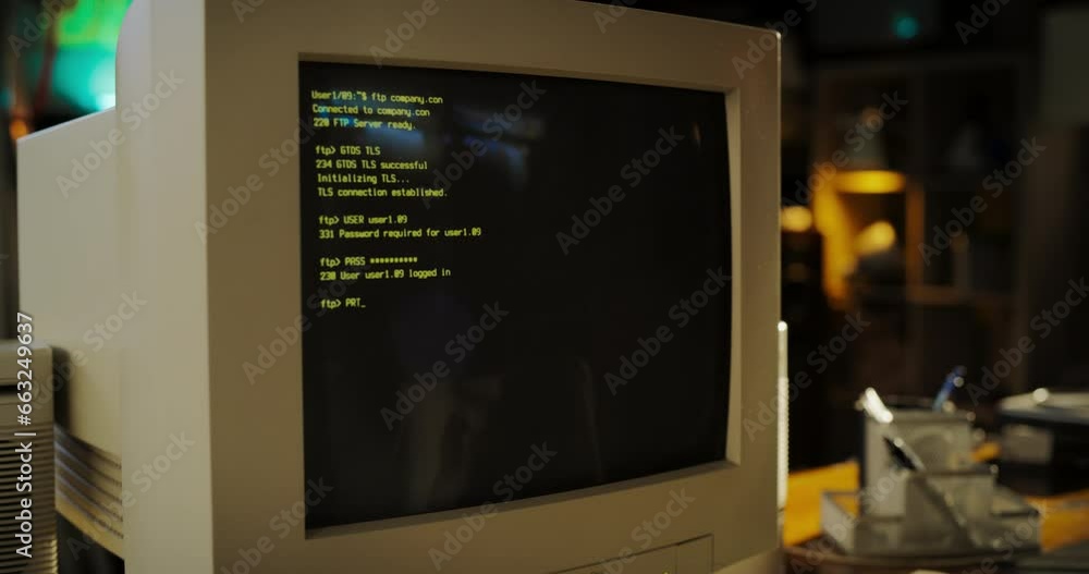 Leinwandbilder close up shot of old desktop computer on work desk of software developer in retro garage. dated pc h