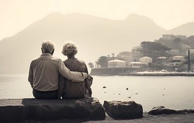 Fototapeta premium Elderly couple sitting on the beach looking at the sea and mountains