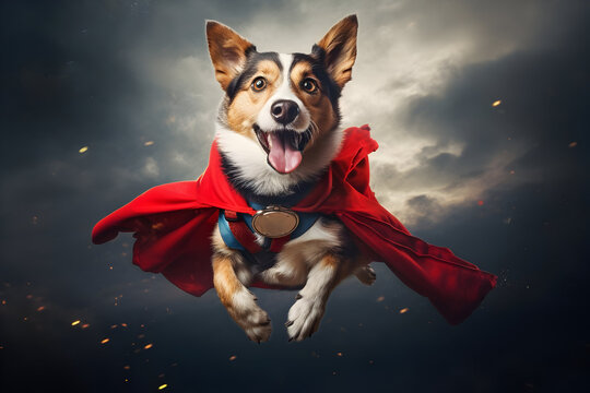 Canine Superhero in Action A Portrait of a Heroic Dog Wearing a Red Cape, Soaring Through the Air with Superheroic Grace