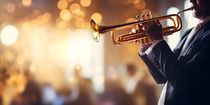 Naklejki Hands of man playing the trumpet, Trumpeter, instrument, graphy, music, trumpet, man, Art perform of live instrument classic music melody concert elegant person, Closeup of a military musician