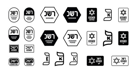 Amazing Set of Kosher Certified symbols. International symbols of kosher food. Packaging concept.