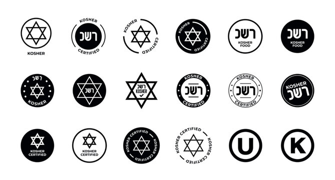 Amazing Set of Kosher Certified symbols. International symbols of kosher food. Packaging concept.