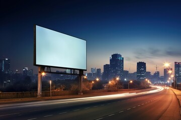 Blank sign on highway with city background with clipping path on screen - can be used for trade shows, promotional posters. Advertising concept