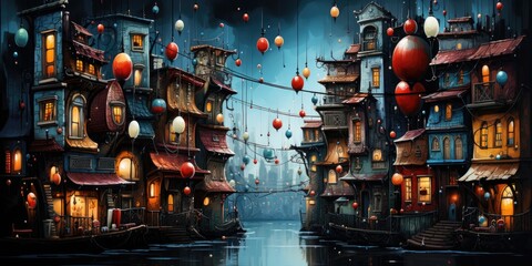 A painting of a city at night with lanterns. AI image.