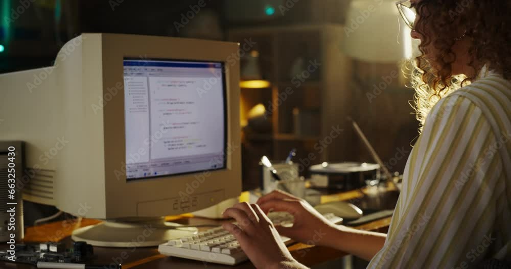 Poster Zoom Out Shot Of Hispanic Female Software Engineer Programming on Old Desktop Computer In Retro Garage. Focused Woman Starting Tech Startup Company In Nineties. Coding Innovative Online Service.