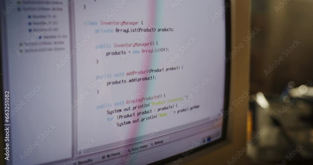 Leinwandbilder Close Up Shot Of Old Desktop Computer On Work Desk Of Software Engineer In Nineties Retro Garage. Dated PC Of Professional Developer With Programming Interface Opened, Lines Of Code Running On Display