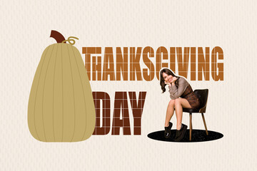 Creative collage picture of mini positive girl sit chair big drawing pumpkin thanksgiving day...