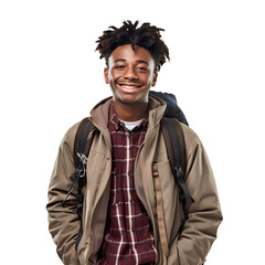 Black teenage boy carrying a backpack stands and smiles, on a transparent background