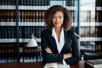 Portrait of confident female lawyer standing with arms crossed in law firm - obrazy, fototapety, plakaty
