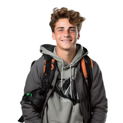 Teenage boy carrying a backpack stands and smiles, on a transparent background