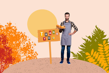 Creative collage of friendly guy hand hold fresh bakery tray thank you wooden sign painter plants...