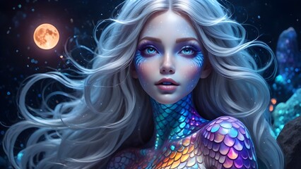 Portrait - Blonde Meerjungfrau mit violetten und eisblauen Schuppen