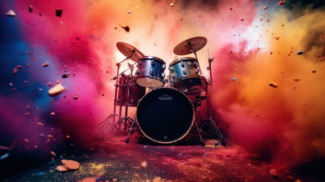 Close up drums in cloud colorful dust. World music day banner with musician and musical instrument on abstract colorful dust background. Music event, Expression, symphony, colorful design