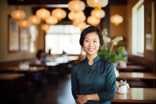 Portrait of smiling businesswoman standing with arms crossed in coffee shop