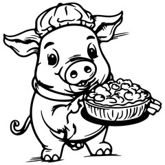 Cute smiling pic with food outline vecter illustration