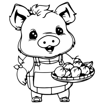 Cute smiling pic with food outline vecter illustration