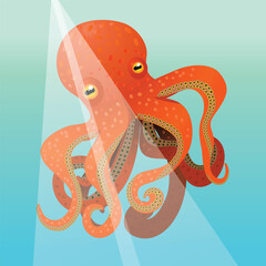 A giant red octopus under water. You see a ray of light coming from above.