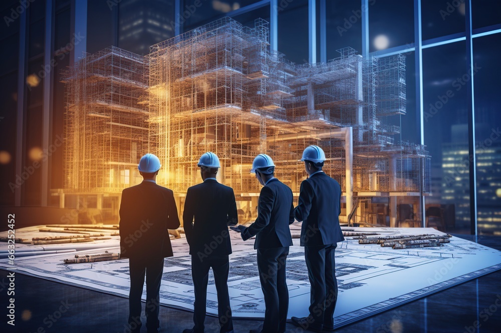 Poster a team of engineers and architects meetings discussions design, planning, and measurement of buildin