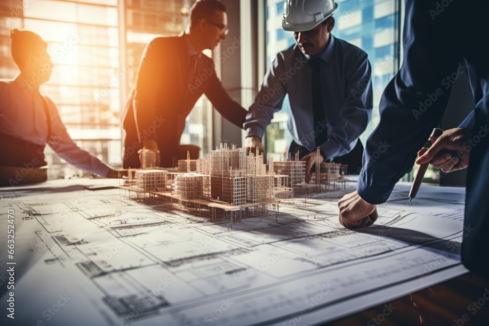 Poster a team of engineers and architects meetings discussions design, planning, and measurement of buildin