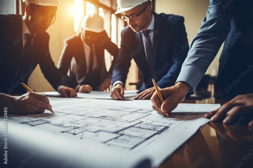 Poster a team of engineers and architects meetings discussions design, planning, and measurement of buildin