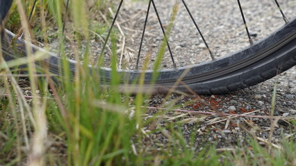 A flat tire of a bicycle next to the road between Lomello and Montariolo in Italy, in the month of May