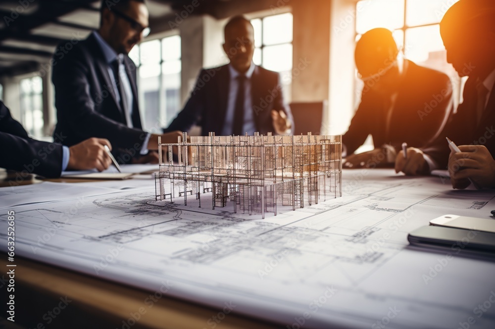 Poster a team of engineers and architects meetings discussions design, planning, and measurement of buildin