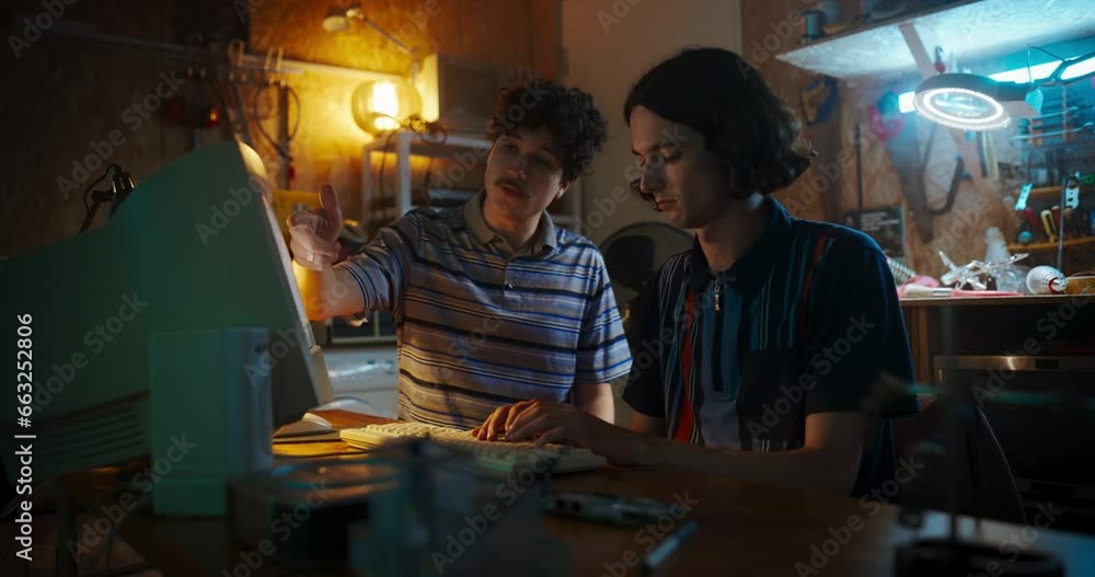 Aufkleber portrait of caucasian male tech startup founders using old desktop computer in retro garage in the e