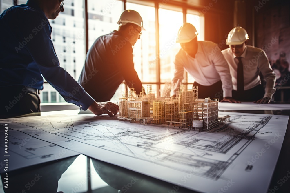 Poster a team of engineers and architects meetings discussions design, planning, and measurement of buildin