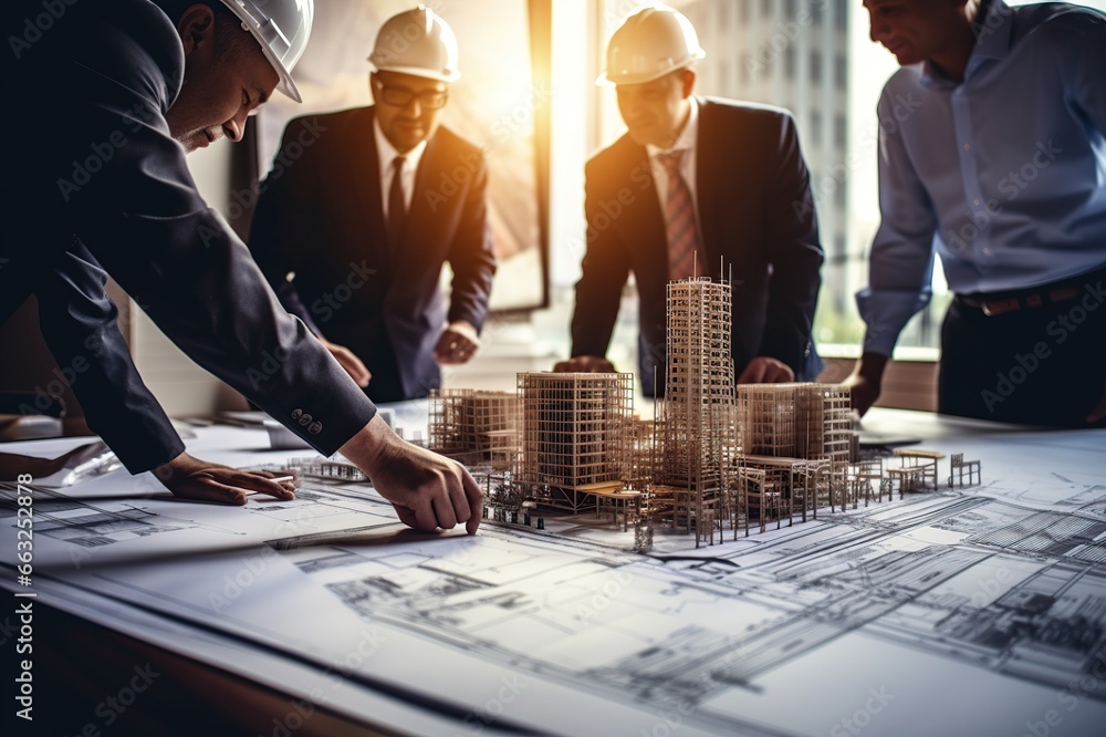 Poster a team of engineers and architects meetings discussions design, planning, and measurement of buildin