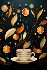 The image features a cup of coffee, surrounded by a orange autumn leaves.