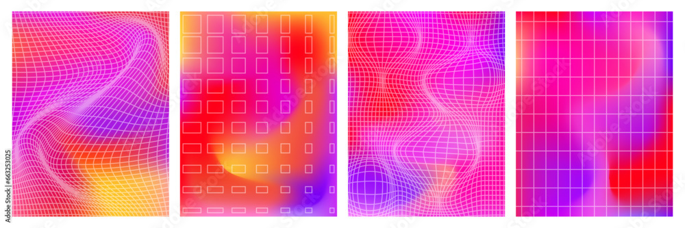 Poster set of geometry wireframe grid on smooth color transition gradient background. trendy psychedelic ra