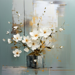Oil and acrylic painting, abstract painting white flowers with textures.