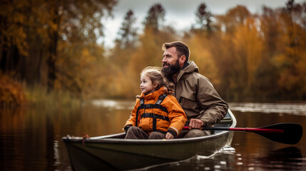 Un padre y su hija remando en un kayak 