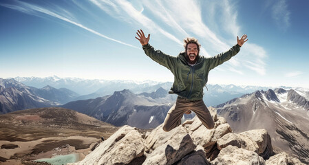 hombre feliz en la cima de una montaña - obrazy, fototapety, plakaty