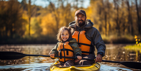 Un padre y su hija remando en un kayak  - obrazy, fototapety, plakaty