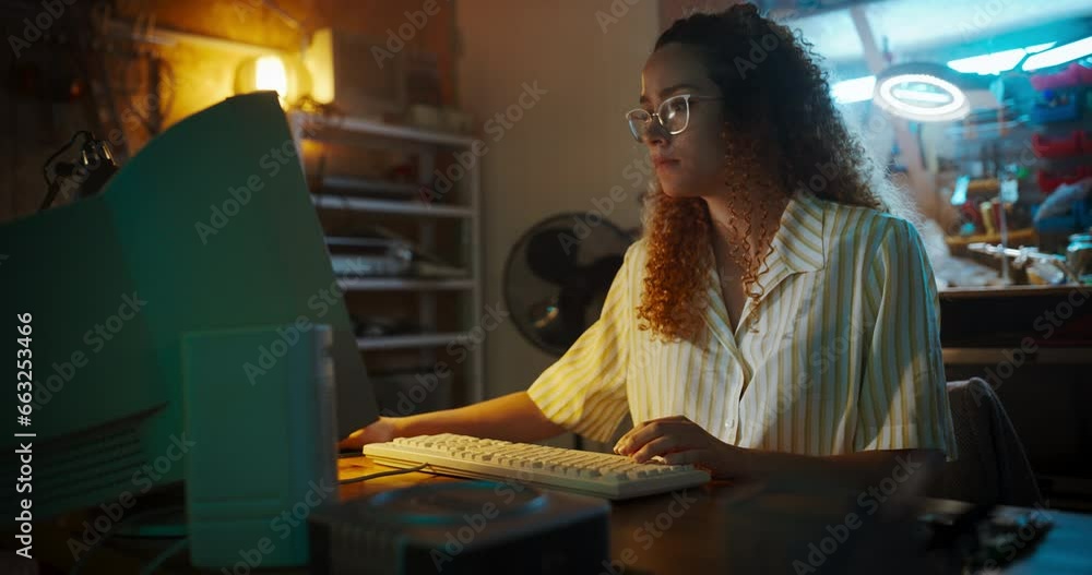 Leinwandbilder Hispanic Female Engineer Using Old Desktop Computer In Nineties Retro Garage In The Evening. Intelligent Woman Programming, Working On Innovative Portable Device, Starting Tech Startup Company.