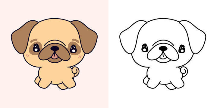 Kawaii Clipart Pug Puppy Illustration and For Coloring Page. Funny Kawaii Dog.