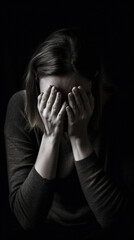 Distraught woman crying, sitting in a downcast position with her face buried in her hands and head...
