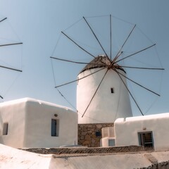Fototapeta na wymiar Close-up of a classic Greek windmill in Mykonos, Greece