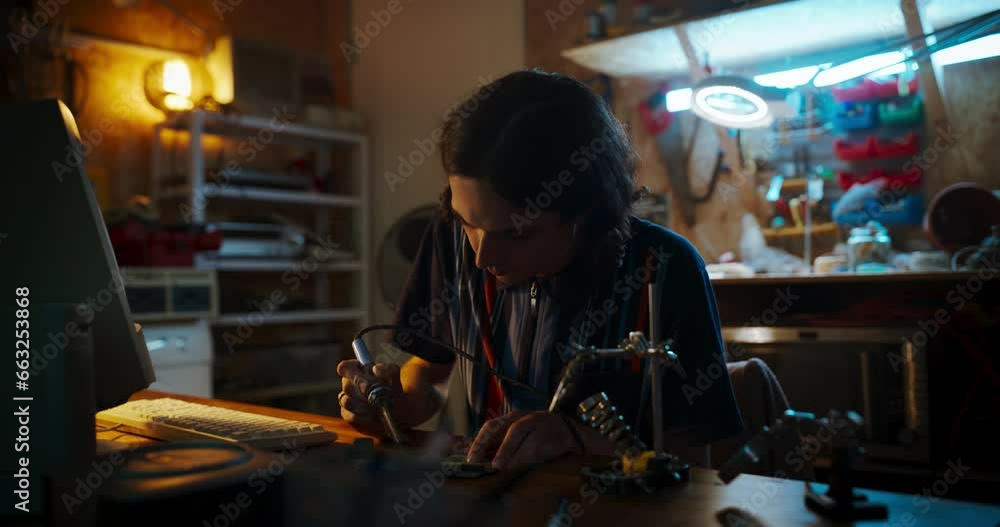 Aufkleber Portrait Of Caucasian Male Engineer Using Soldering Iron On Circuit Board In Front Of Old Desktop Computer In Nineties Garage. Engineering Student Working On Project For College At Home In the Evening