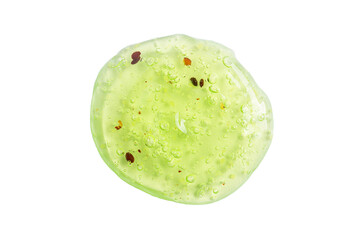 Transparent green cosmetic sample texture with bubbles isolated on white background. Cosmetic...