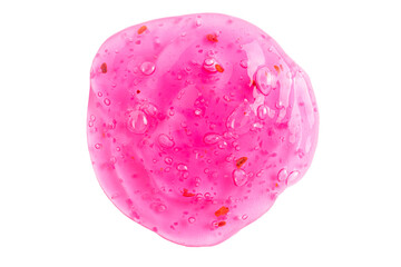 Transparent pink cosmetic sample texture with bubbles isolated on white background. Cosmetic peeling gel with raspberry.