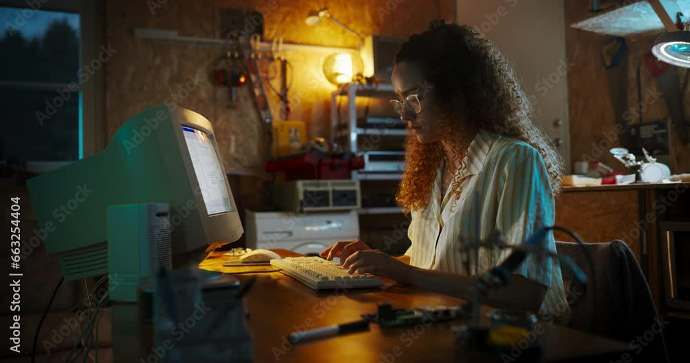 Leinwandbilder hispanic female engineer using old desktop computer in nineties retro garage in the evening. intelli