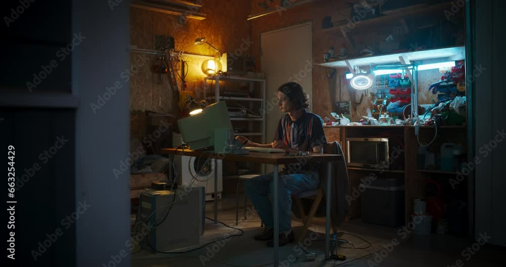 Aufkleber wide shot of caucasian male software engineer coding on old desktop computer in retro garage in the 