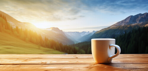A cup of hot morning coffee on a wooden table against a beautiful background of sunrise scene in the mountains. Wide scale panoramic image created by Generative AI