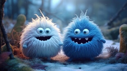 Blue and white Wool felt adorable Abominable snowball monsters, these ultra cute fluffy Yeti toys are very loveable and huggable, cartoon like art with quirky expressions.  