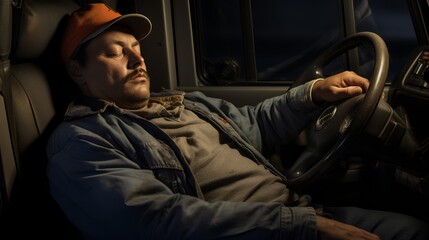 Exhausted and tired truck driver sleeping behind the steering wheel. Fatigue after long night hour shifts that are a part of his routine driving. Unhealthy lifestyle of job with long hours on road. - obrazy, fototapety, plakaty