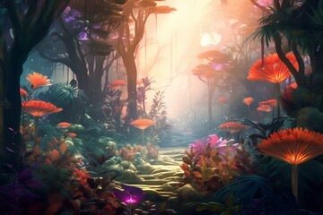 Obraz na płótnie Canvas Colorful forest with fantastical plants in misty atmosphere. Artistic 2D rendering. Generative AI